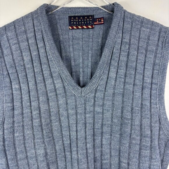 Vintage Mens Sweater Vest M Blue Ribbed Academia 80s 90s USA American Priority - Picture 2 of 8